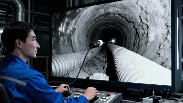 Operator monitoring fiber optic camera feed while navigating complex pipe bends to detect blockages and damage.