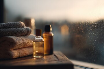 Relaxing moment with towels and oils by the window during sunset hours