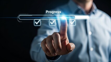 Businessman interacting with futuristic progress bar interface