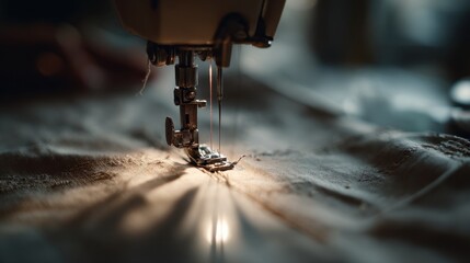 Close view of sewing machine sewing fabric in a workshop in the evening light with focused details on the needle and thread movement