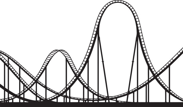Black silhouette of roller coaster amusement park ride with many curves tracks supports and tall loops vector illustration