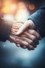Two hands clasped together in a moment of connection during a cold evening