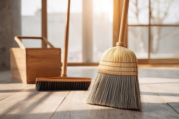 Broom and dustpan set on wooden floor near a window with sunlight streaming in, creating a warm atmosphere in a clean and tidy indoor space with natural light