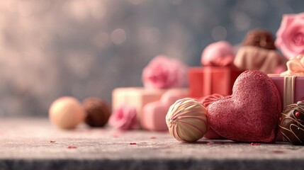 Heart-shaped chocolate and gifts on a table for celebration at Valentine's Day or special occasion in a cozy setting