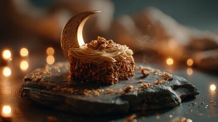 Delicious dessert served on a dark slate plate with a golden crescent decoration and candlelight in the background