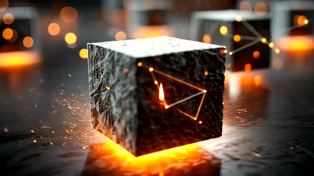 Futuristic glowing stone cube with dynamic wireframe connections and fiery sparks in a high-tech