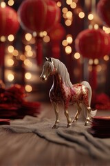 Model horse stands on a table with red decorations and glowing lights during a celebration at night in a festive setting