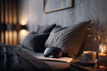 Cozy bedroom setup with sleep mask, book, cup of coffee, and candle on bedside table during evening hours