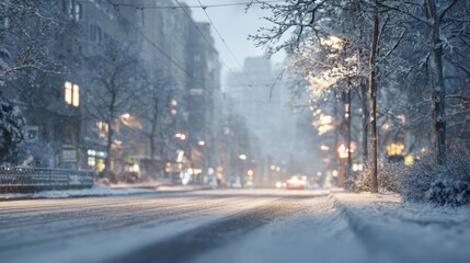 Obraz premium Snow falls on a quiet street in winter, where trees stand tall and lights glow, showing a city scene at dusk