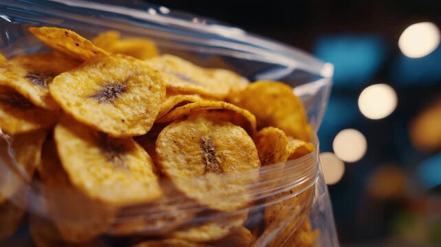 186Detailed close-up of plantain chips inside a clear plastic bag, chips visible through the packaging, subtle reflections on bag surface, kitchen countertop blurred in background, ap