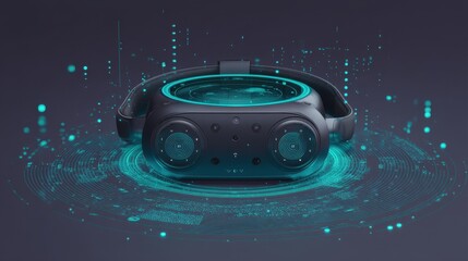 Virtual reality headset with glowing graphics and digital elements at a tech display event during the evening