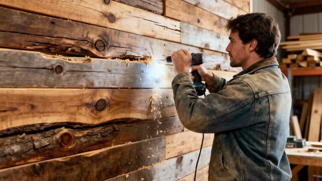 Worker securing reclaimed timber with visible knots and grain patterns emphasizing the organic and sustainable appeal of rustic wood feature walls.
