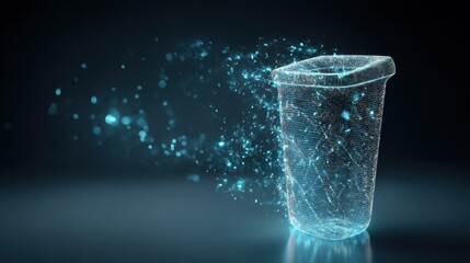 Virtual trash bin with particles floating away in a dark background during digital representation