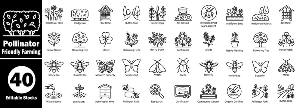 Pollinator friendly farming icon set for ecological agriculture and bee conservation Vector Illustrator.