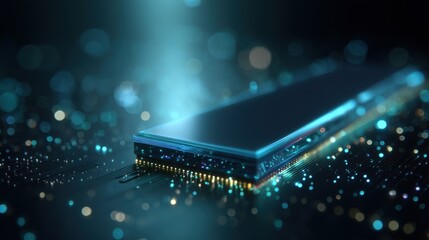 Technology display shows a microchip on a dark surface with glowing particles at a tech event in a modern venue