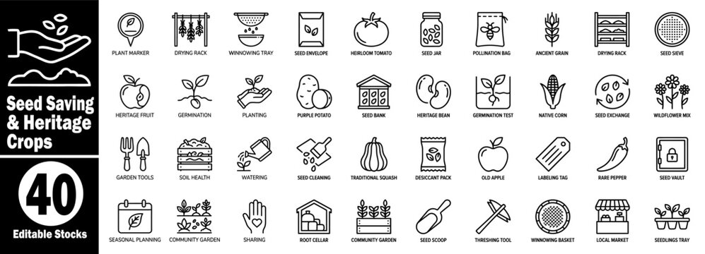 Heirloom seed saving processes and tools line icon set for agricultural biodiversity Vector Illustrator.
