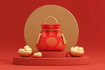 Red fabric money bag filled with gold coins is placed on a circular pedestal against a solid red background, symbolizing wealth and prosperity during festive celebrations