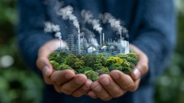 312Close-up of hands holding miniature plastic factories emitting tiny smoke, soft-focus blurred greenery in background, climate change, industrial pollution, and global warming aware