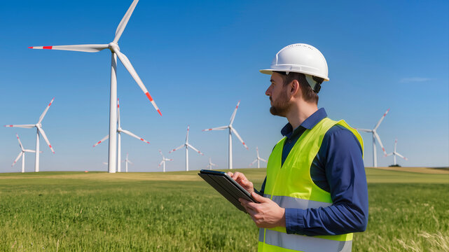 Male engineer in white hard hat and yellow vest holding tablet in green field with wind turbines against clear blue sky. Concept of renewable energy and sustainability