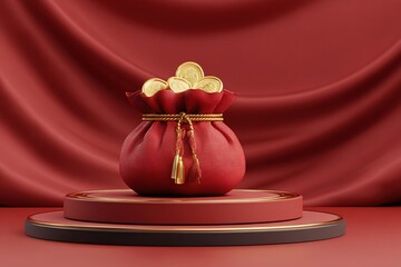 Red silk pouch filled with gold coins is displayed on a circular pedestal against a rich red backdrop, symbolizing prosperity and good fortune in a festive setting