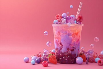 Colorful bubble tea drink in a clear cup with purple and pink layers, topped with fruit and colorful pearls, surrounded by vibrant decorations on a pink background