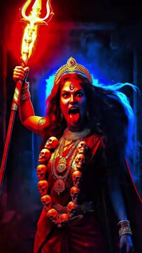 Fierce Hindu Goddess Kali, Trident Crushing Asura Evil. Indian Hindu Goddess Mythological Story, Cinematic and Dramatic Scene.