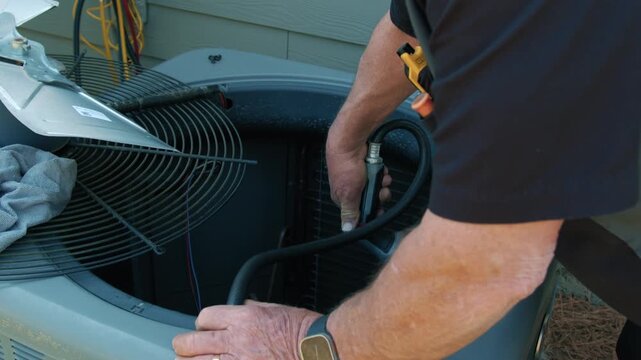 Close-up of hose spraying water to clean HVAC air conditioner condenser coils