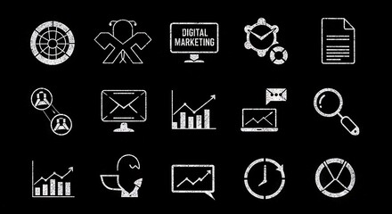 Chalkboard Icons Representing Digital Marketing Strategy and Business Growth Concepts.