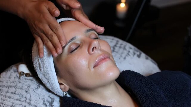 Relaxed client enjoying facial microcurrent treatment aimed at revitalizing skin enhancing circulation and improving overall facial brightness.