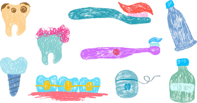 Stomatology dentist kids elements in hand drawn cartoon doodle style made from pencil, marker or chalk crayon. Scribble vector illustration background for children book, card.