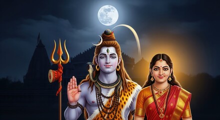 Fototapeta premium Shiv Parvati Standing Together Under Full Moon on Shivratri