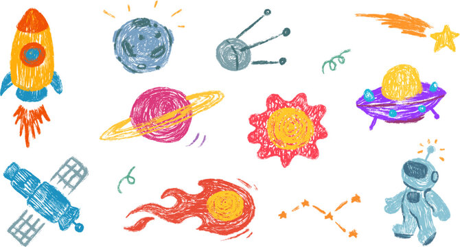 Cosmic space elements in hand drawn cartoon doodle style made from pencil, marker or chalk crayon. Planet, rocket, asteroid. Scribble vector illustration background for education children book, card.