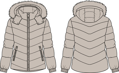 Women's Padded Puffer Jacket Technical Sketch with Faux Fur Hood Front and Back View for Fashion Design and Winter Apparel © MDASIKUL