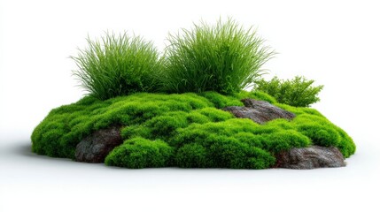 Lush green moss patch with vibrant grass tufts and small rocks, isolated on a white background, ideal for nature-themed design projects and organic product displays with copy space