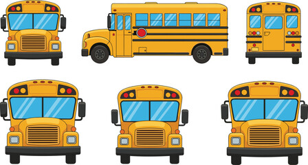 Yellow school bus illustration set showing front side rear views educational transportation vehicle isolated on white background vector design collection © MDASIKUL