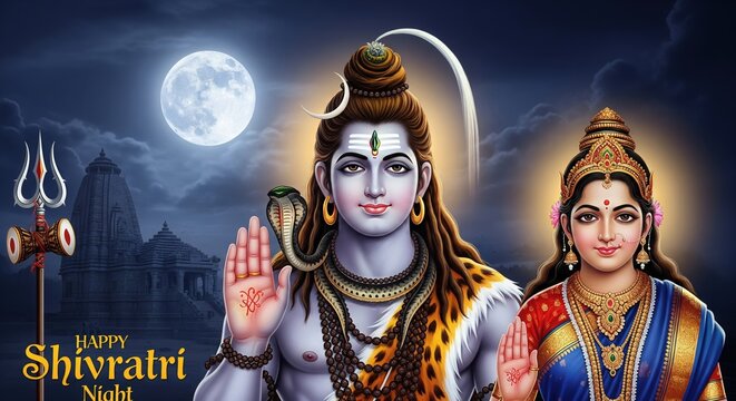 Divine Shiv Parvati Night Temple Scene with Full Moon Glow