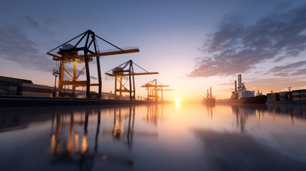 Golden Hour at Port with Cranes Loading Shipping Containers Reflecting on Water Surface During Sunset