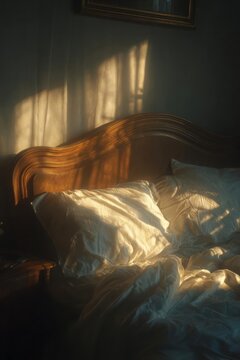 A bed with a curved wooden headboard, white rumpled sheets and pillows, bathed in warm sunlight through the blinds. Concept Cozy bedroom, Curved wooden headboard, White rumpled sheets, Warm sunlight
