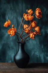 Fototapeta premium Orange dried flowers in a matte black vase on a wooden table against a dark teal backdrop. Concept Orange dried flowers, Matte black vase, Wooden table, Dark teal backdrop