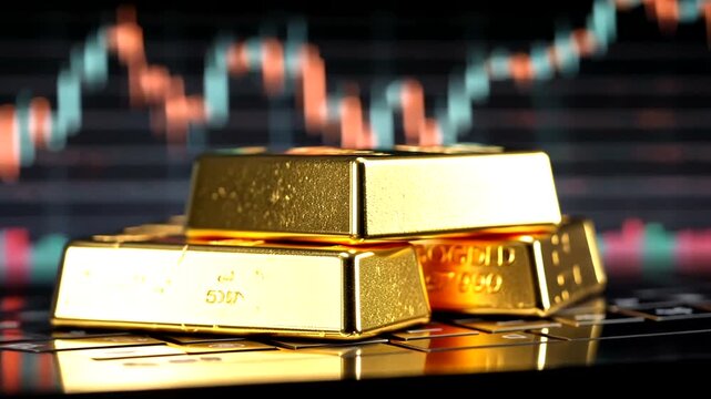 Three gold bars resting on laptop keyboard with stock market graph in background during trading