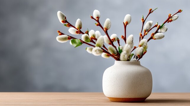 Neutral ceramic vase with willow catkins arranged on a light wooden table, featuring a soft gradient background, ideal for home decor or floral design projects with copy space