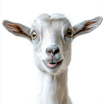 A surprised goat with wide eyes and open mouth, close-up, front view, isolated on a simple background, fotinia object.