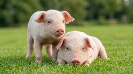 Two adorable pink piglets are captured on the green grass, with one standing and the other lying down, a charming scene illustrating the innocence and charm of these young farm animals, with blurred