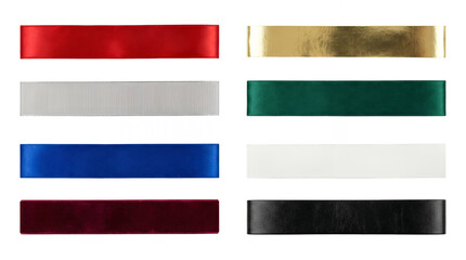Fototapeta premium Colorful ribbon set including satin, velvet, grosgrain, metallic, and leather textures isolated. Decorative border elements for gift wrapping and holiday design.