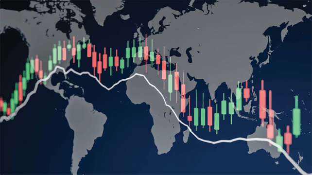 Dynamic global financial market analysis interface displaying real-time candlestick charts and economic trends overlayed on a world map for strategic investment insights