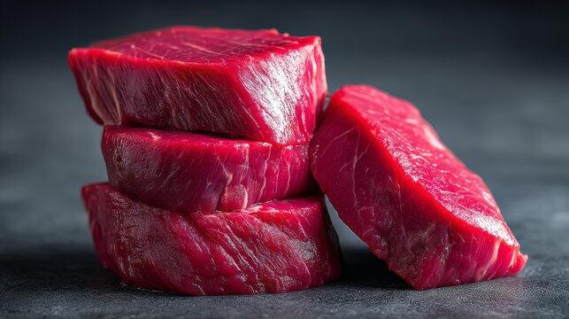 Fresh raw venison steaks stacked in a neat arrangement, showcasing rich red color and natural marbling, with dramatic studio lighting and dark matte background for premium food photography