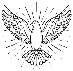 Obraz premium Black and white illustration of a dove with spread wings radiating light rays