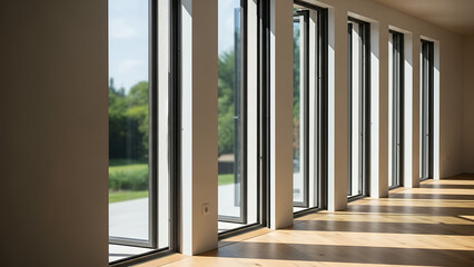 Naklejka premium A row of windows opening onto a serene outdoor scene with lush greenery visible from a modern interior with a wooden floor