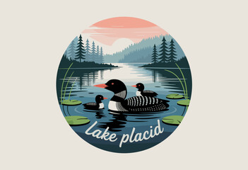 Serene Lake Scene with Loon Family Swimming at Dawn Amidst Tranquil Greenery
