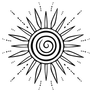 Hand drawn sun symbol with radiating lines and spiral center vector illustration